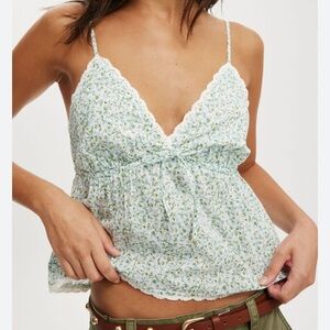 Cotton On Blue Floral Lace Trim Tank Top V Neck Camisole Adjustable Straps 12